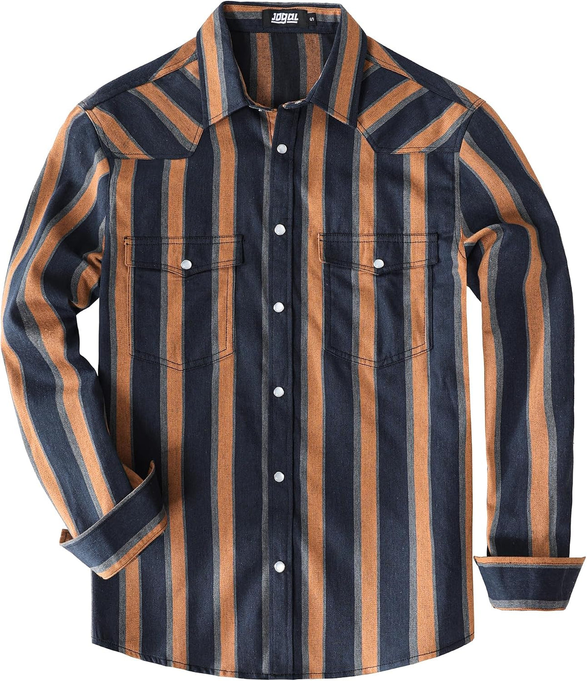 JOGAL A575 Men's Western Striped Long-Sleeve Pearl-Snap Shirt - Navy Orange - front
