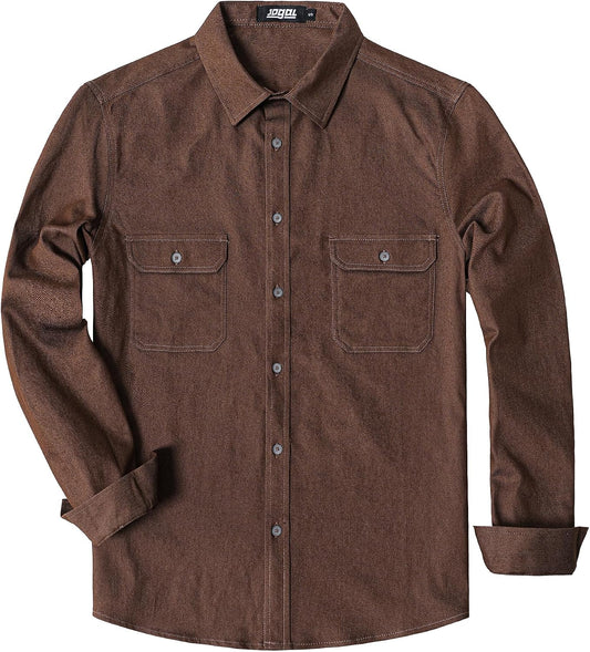 JOGAL A577 Men's Loose-Fit Denim Long-Sleeve Work Shirt - Brown - front