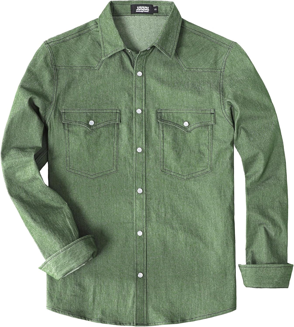 JOGAL A579 Men's Western Denim Long-Sleeve Pearl-Snap Shirt - Army Green - front