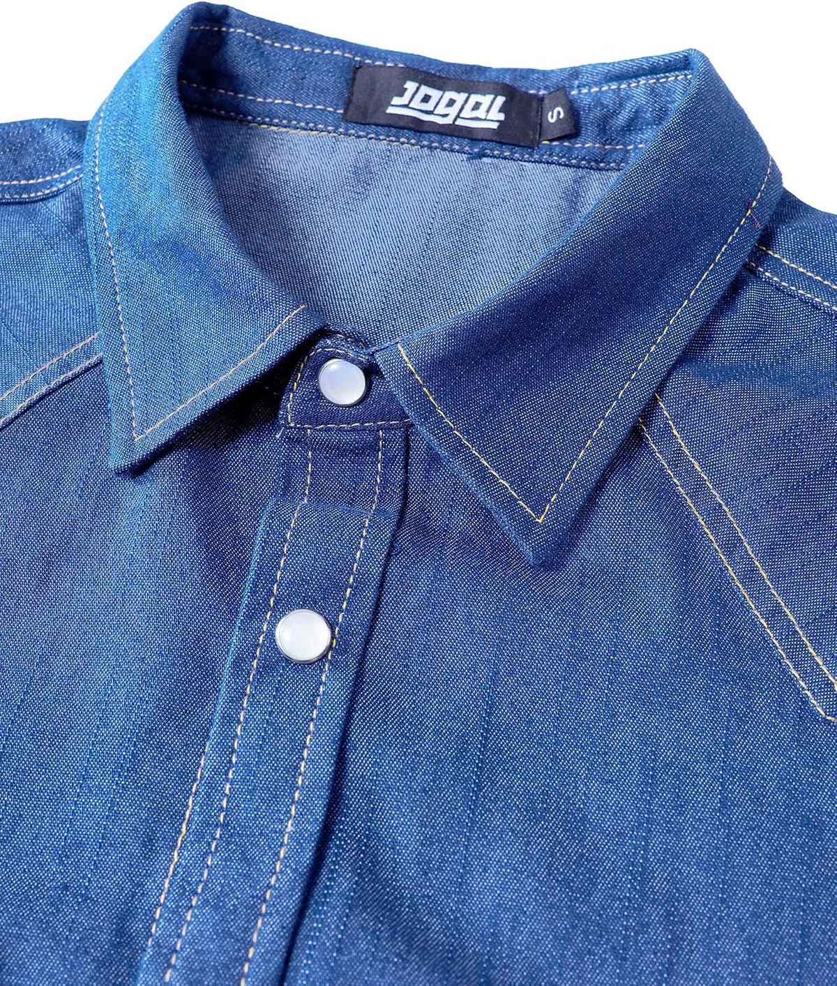 JOGAL A579 Men's Western Denim Long-Sleeve Pearl-Snap Shirt - Dark Denim - collar and placket detail
