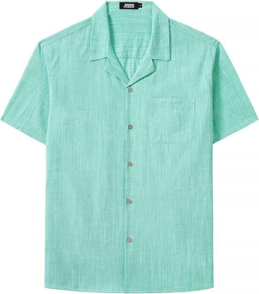 JOGAL men's short sleeve Cuban collar chambray shirt in Cyan, front view