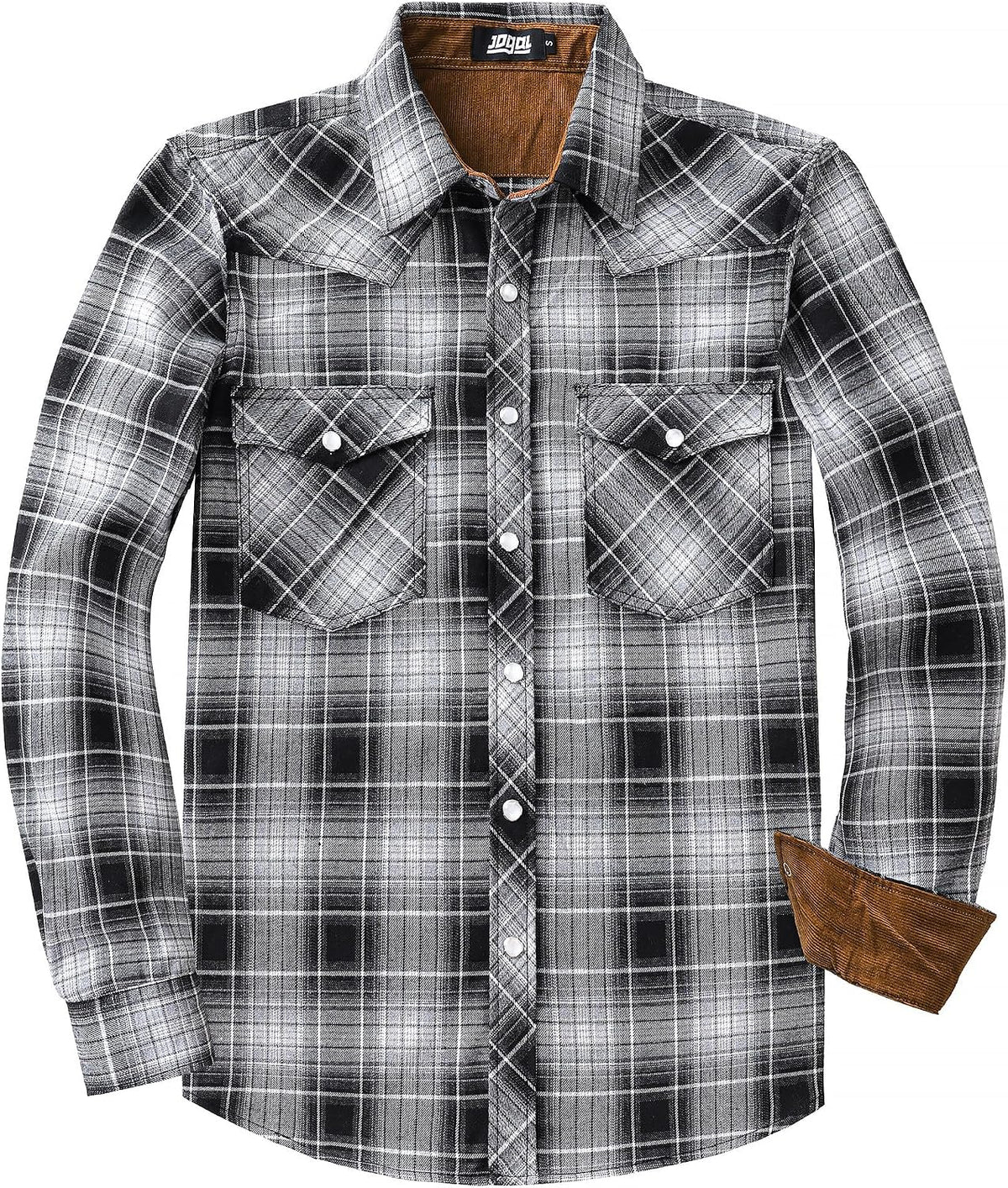 JOGAL A598 men's 6 oz Flannel Plaid Western Pearl Snap Shirt in Black Grey, front view