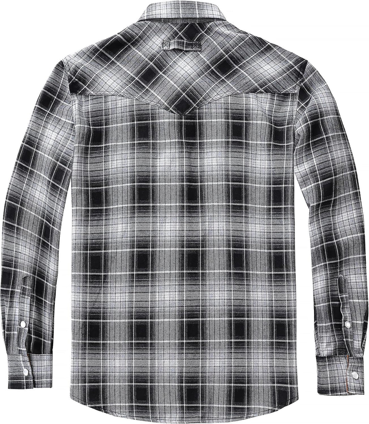 JOGAL A598 men's 6 oz Flannel Plaid Western Pearl Snap Shirt in Black Grey, back view