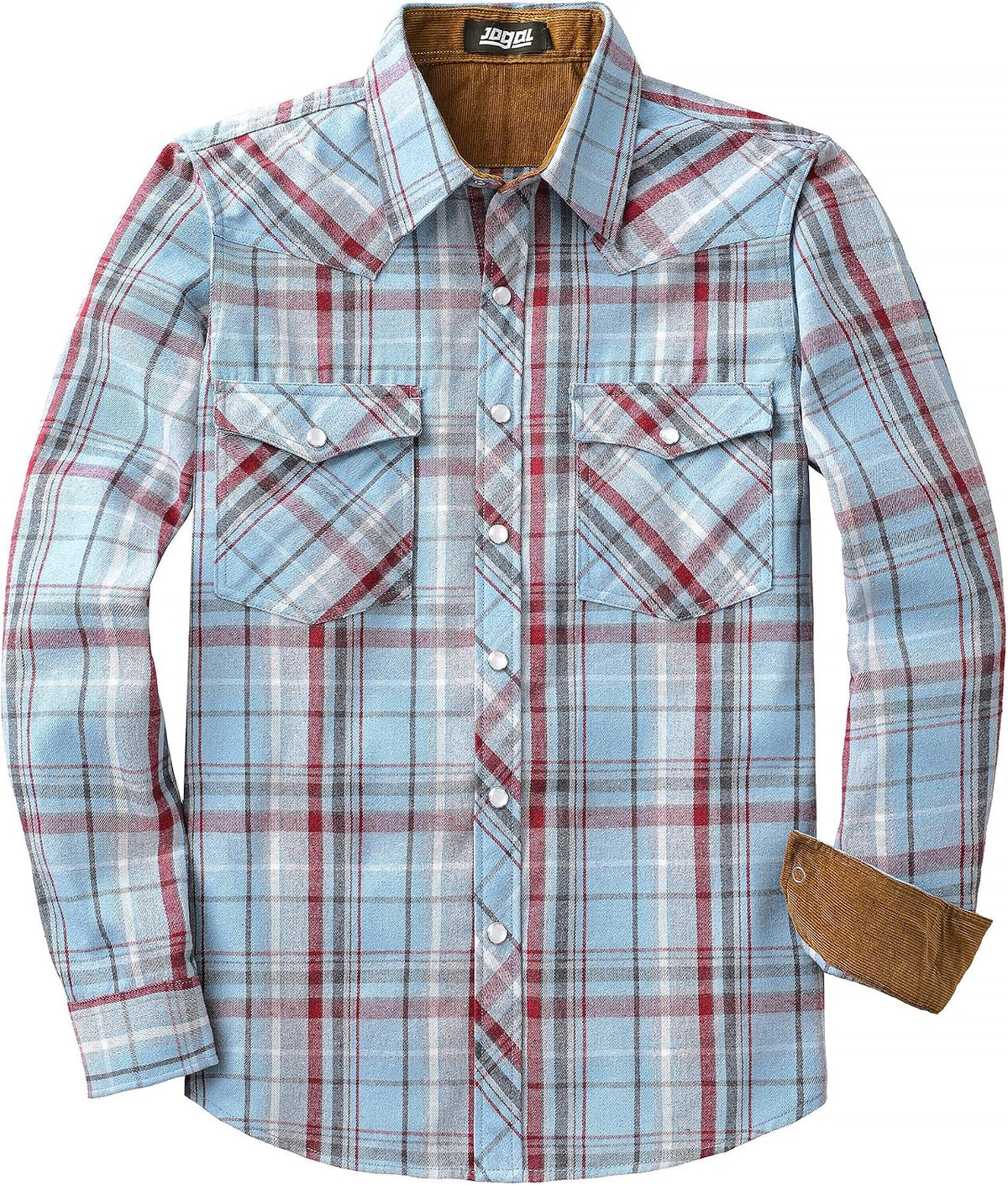 JOGAL A598 men's 6 oz Flannel Plaid Western Pearl Snap Shirt in Blue Gray, front view