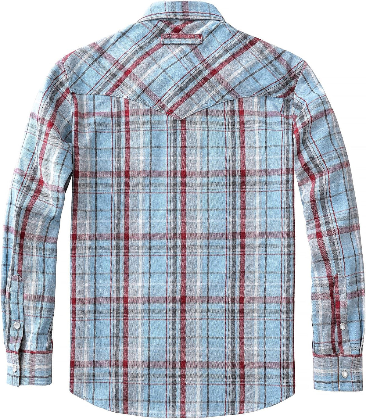 JOGAL A598 men's 6 oz Flannel Plaid Western Pearl Snap Shirt in Blue Gray, back view