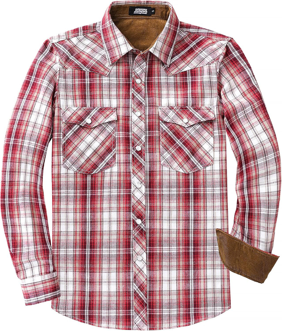 JOGAL A598 men's 6 oz Flannel Plaid Western Pearl Snap Shirt in Burgundy, front view