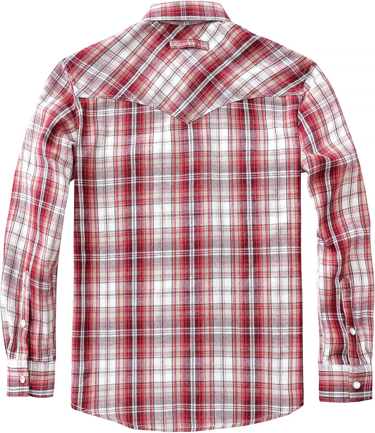 JOGAL A598 men's 6 oz Flannel Plaid Western Pearl Snap Shirt in Burgundy, back view