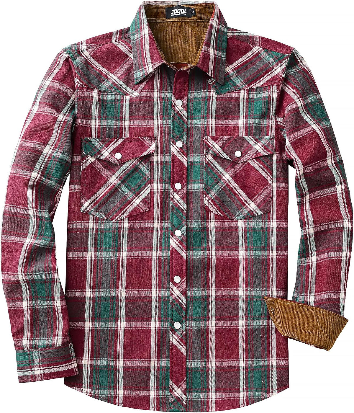 JOGAL A598 men's 6 oz Flannel Plaid Western Pearl Snap Shirt in Burgundy Green, front view