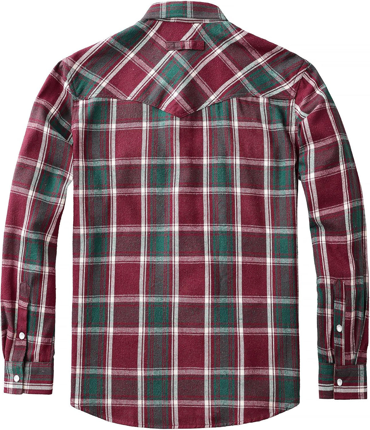 JOGAL A598 men's 6 oz Flannel Plaid Western Pearl Snap Shirt in Burgundy Green, back view