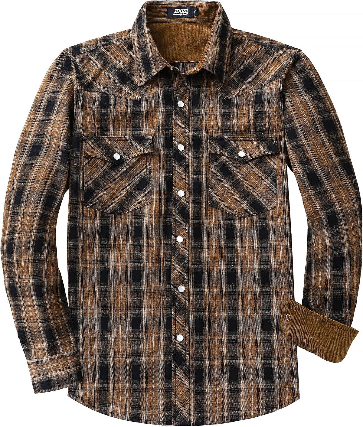 JOGAL A598 men's 6 oz Flannel Plaid Western Pearl Snap Shirt in Deep Khaki, front view
