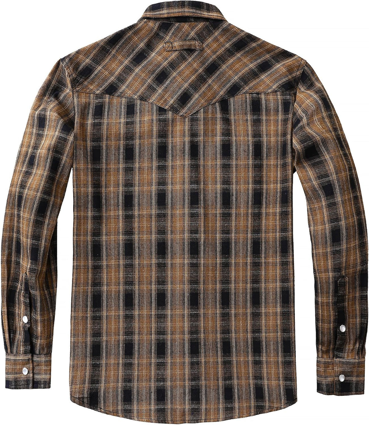 JOGAL A598 men's 6 oz Flannel Plaid Western Pearl Snap Shirt in Deep Khaki, back view