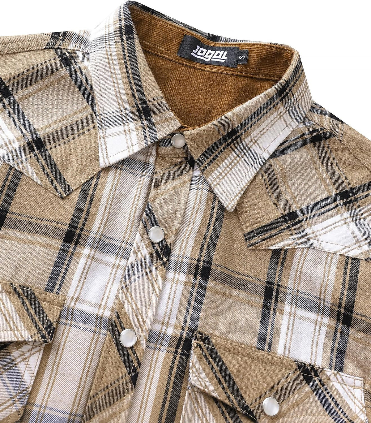 JOGAL A598 men's 6 oz Flannel Plaid Western Pearl Snap Shirt, detail view