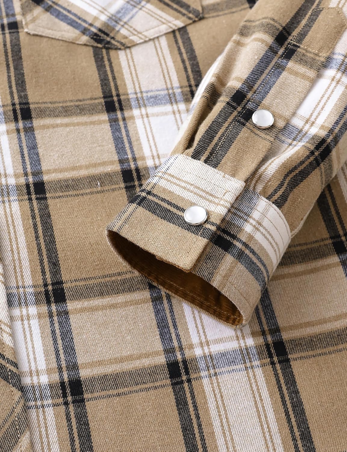 JOGAL A598 men's 6 oz Flannel Plaid Western Pearl Snap Shirt, detail view