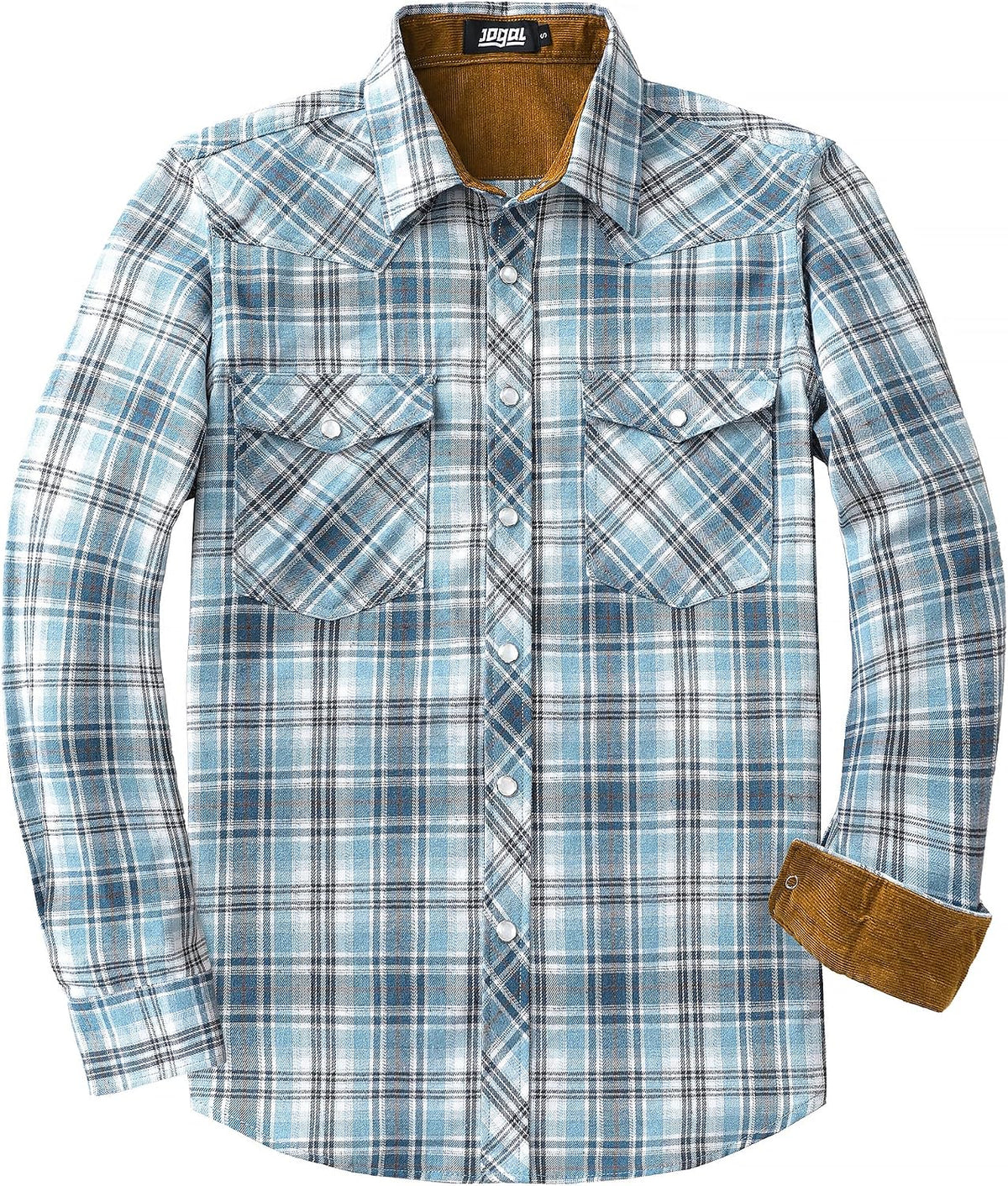 JOGAL A598 men's 6 oz Flannel Plaid Western Pearl Snap Shirt in Gray Blue, front view