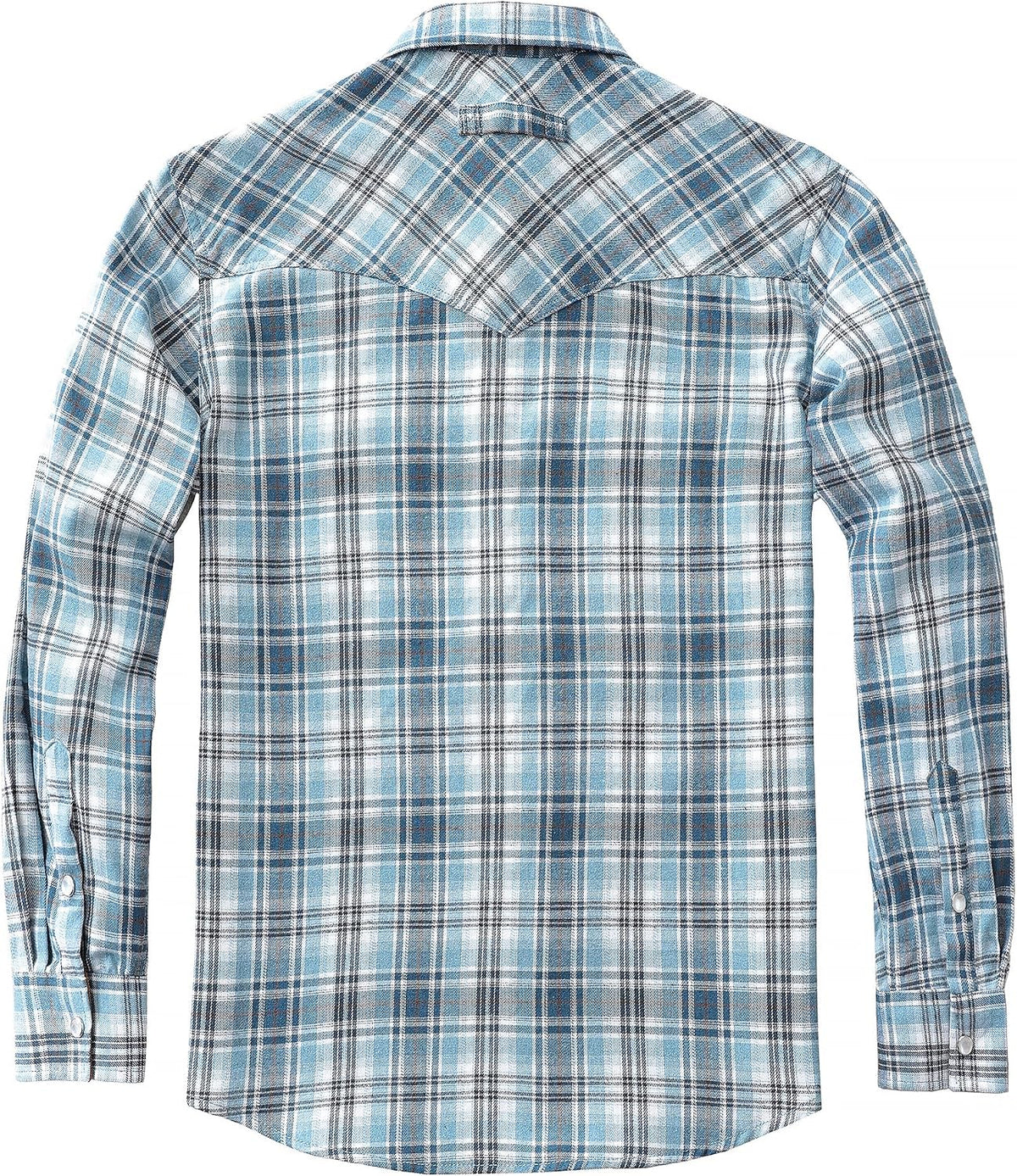 JOGAL A598 men's 6 oz Flannel Plaid Western Pearl Snap Shirt in Gray Blue, back view