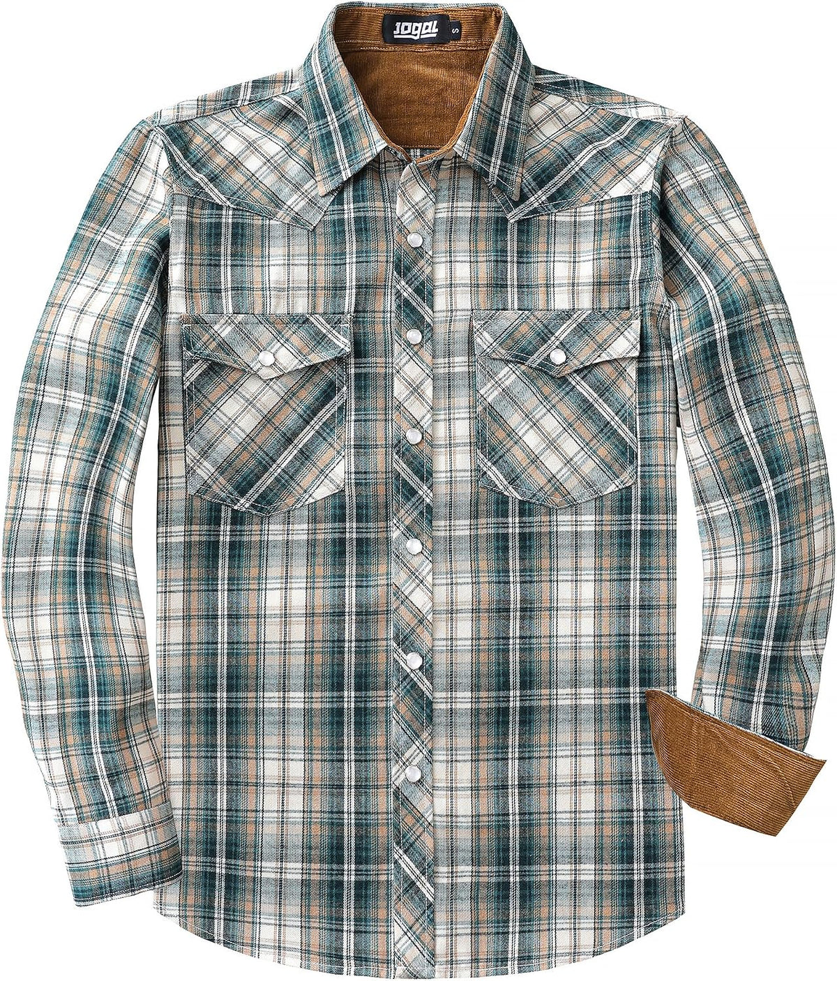 JOGAL A598 men's 6 oz Flannel Plaid Western Pearl Snap Shirt in Green Beige, front view