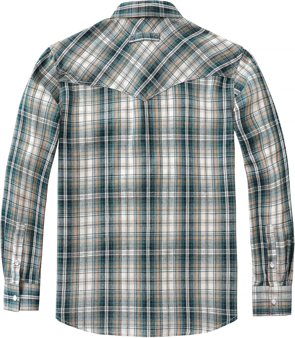 JOGAL A598 men's 6 oz Flannel Plaid Western Pearl Snap Shirt in Green Beige, back view