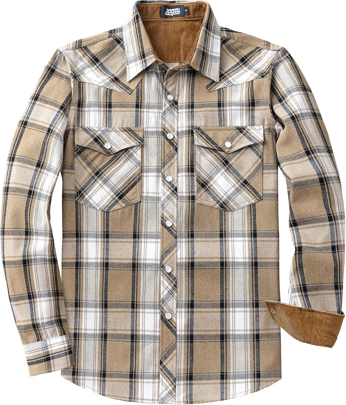 JOGAL A598 men's 6 oz Flannel Plaid Western Pearl Snap Shirt in Khaki White, front view