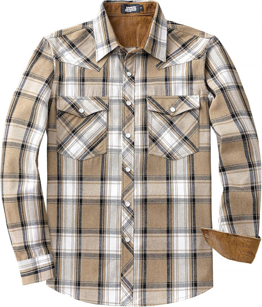 JOGAL A598 men's 6 oz Flannel Plaid Western Pearl Snap Shirt in Khaki White, front view