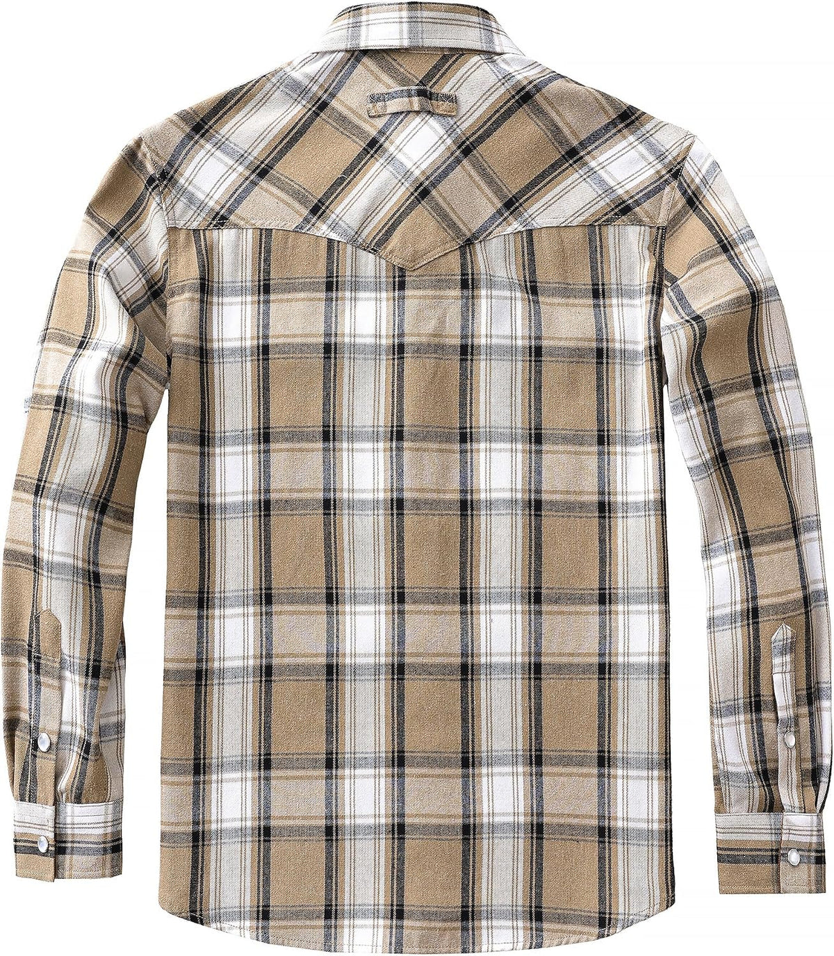 JOGAL A598 men's 6 oz Flannel Plaid Western Pearl Snap Shirt in Khaki White, back view