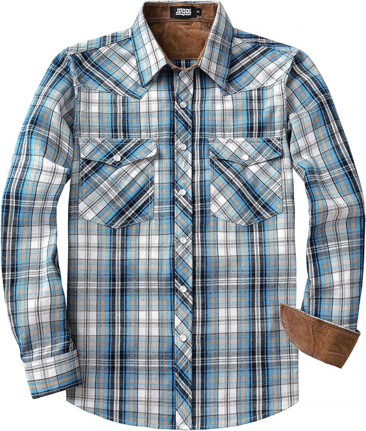 JOGAL A598 men's 6 oz Flannel Plaid Western Pearl Snap Shirt in Navy Beige, front view