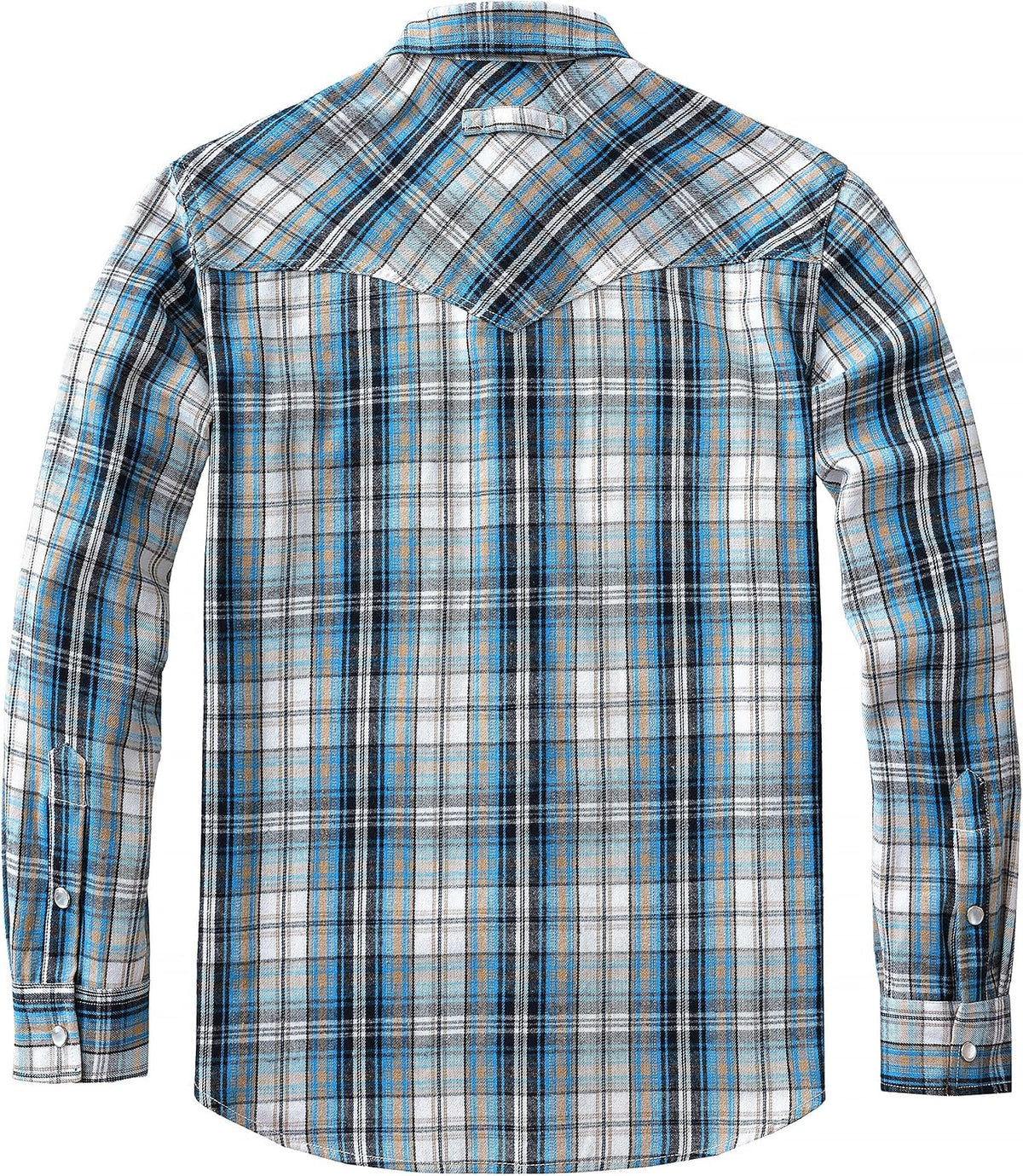 JOGAL A598 men's 6 oz Flannel Plaid Western Pearl Snap Shirt in Navy Beige, back view