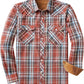 JOGAL A598 men's 6 oz Flannel Plaid Western Pearl Snap Shirt in Orange Blue, front view