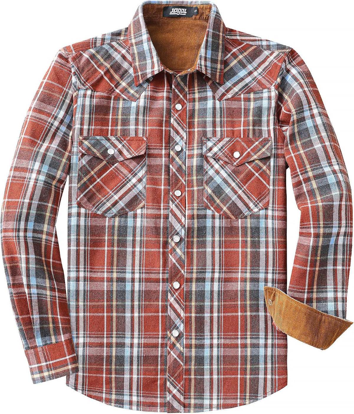 JOGAL A598 men's 6 oz Flannel Plaid Western Pearl Snap Shirt in Orange Blue, front view