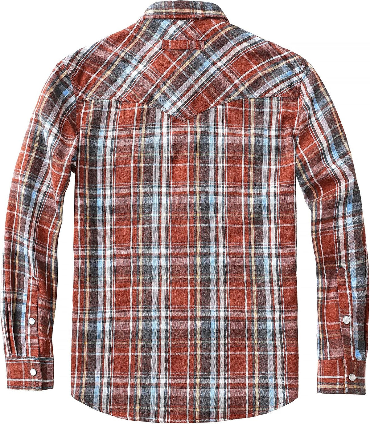 JOGAL A598 men's 6 oz Flannel Plaid Western Pearl Snap Shirt in Orange Blue, back view