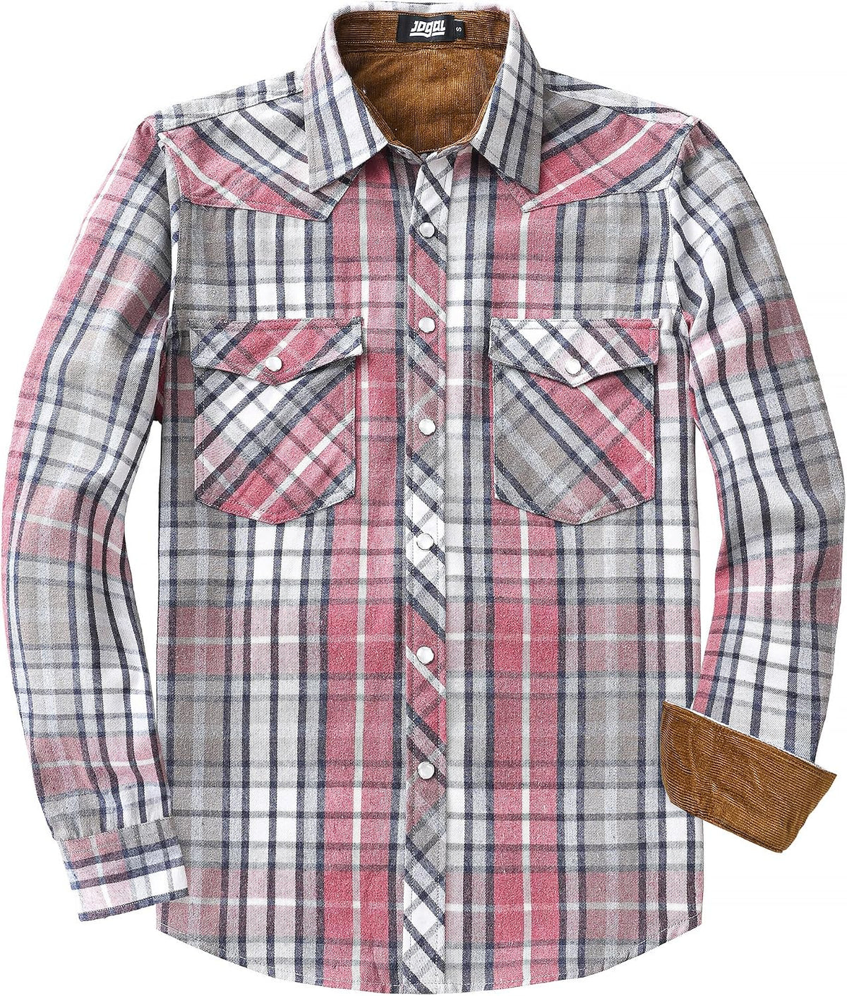 JOGAL A598 men's 6 oz Flannel Plaid Western Pearl Snap Shirt in Pink Grey, front view