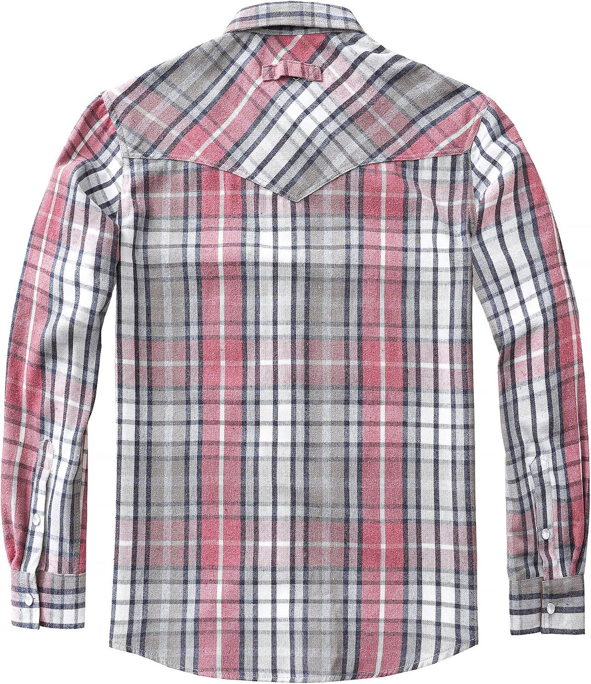JOGAL A598 men's 6 oz Flannel Plaid Western Pearl Snap Shirt in Pink Grey, back view