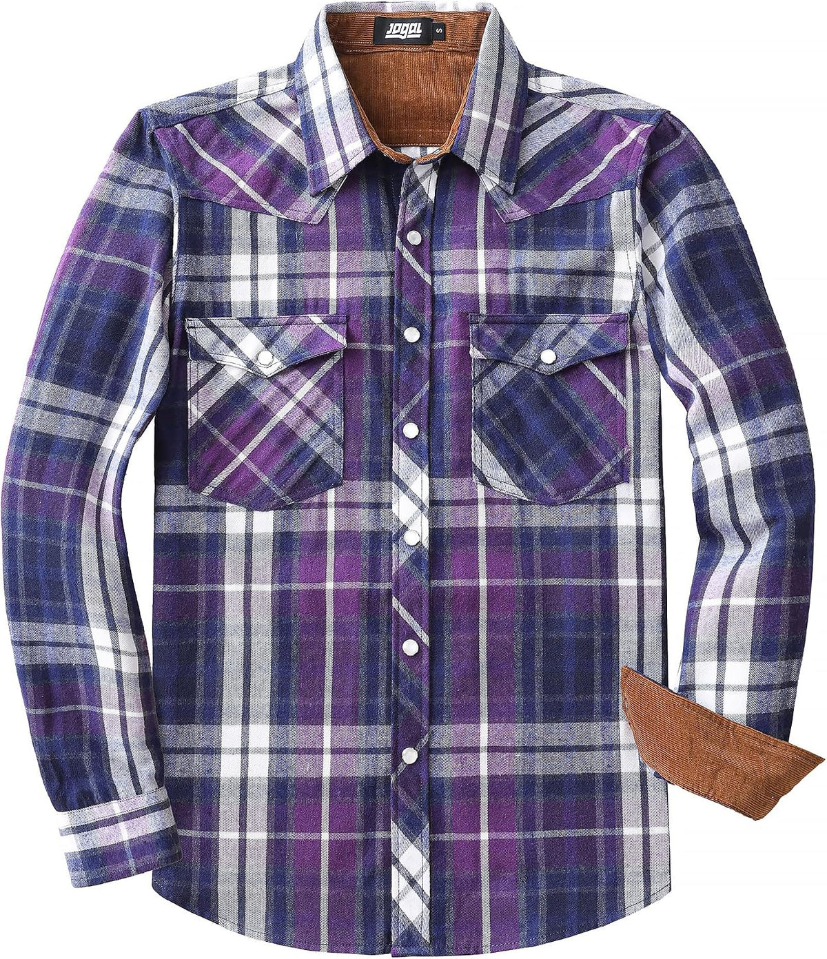 JOGAL A598 men's 6 oz Flannel Plaid Western Pearl Snap Shirt in Purple, front view