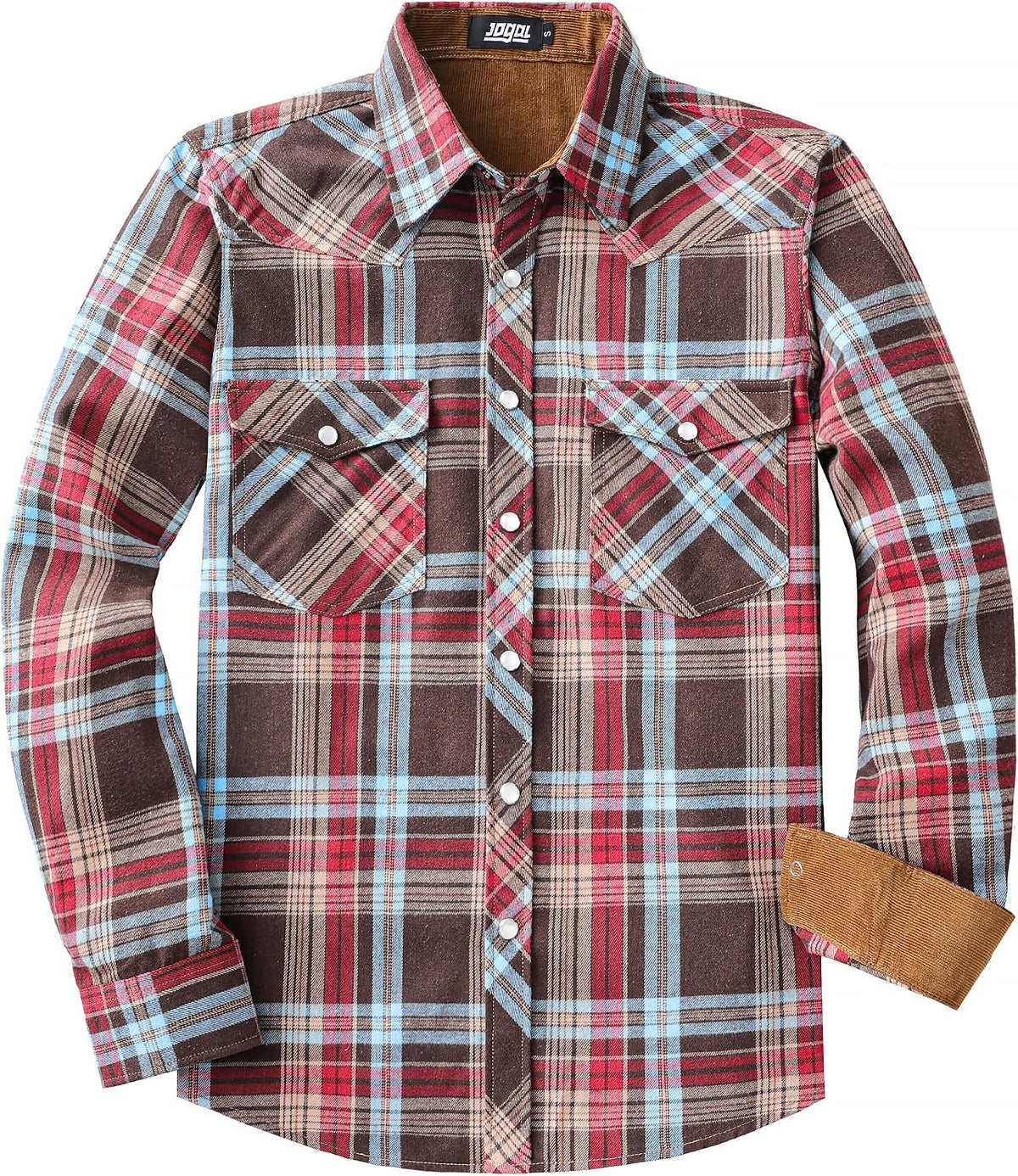 JOGAL A598 men's 6 oz Flannel Plaid Western Pearl Snap Shirt in Red Brown, front view