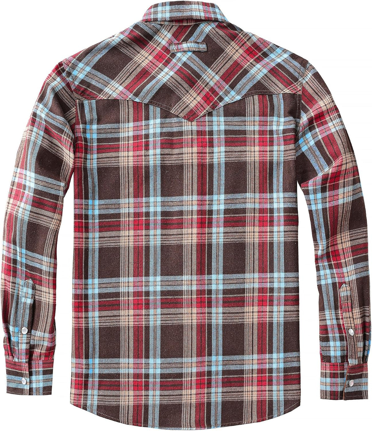 JOGAL A598 men's 6 oz Flannel Plaid Western Pearl Snap Shirt in Red Brown, back view