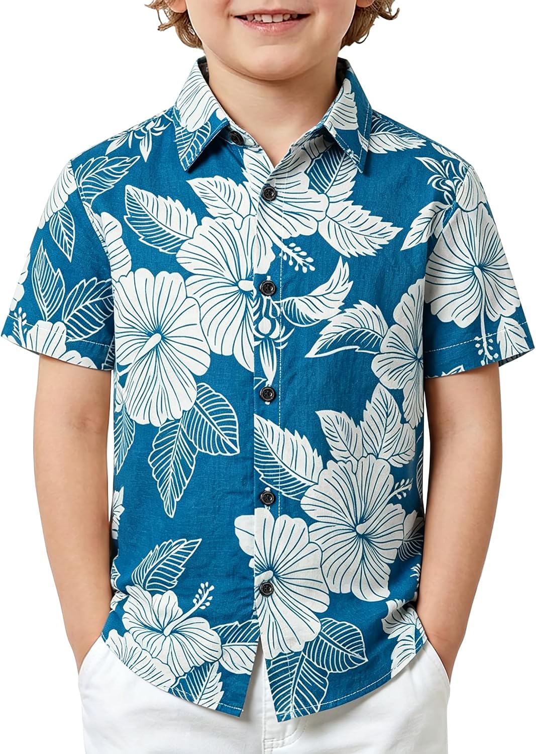 JOGAL C100 boys floral Hawaiian shirt in Blue - front