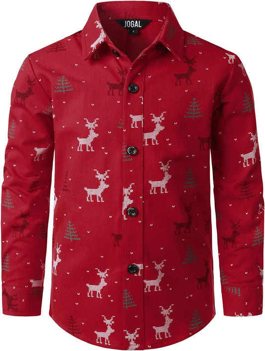 JOGAL C379 boys' Christmas Print Long-Sleeve Button-Down Shirt in Red, front view