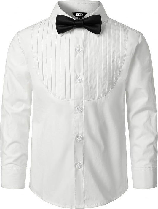 JOGAL C535L boys pleated tuxedo long sleeve dress shirt in White front view
