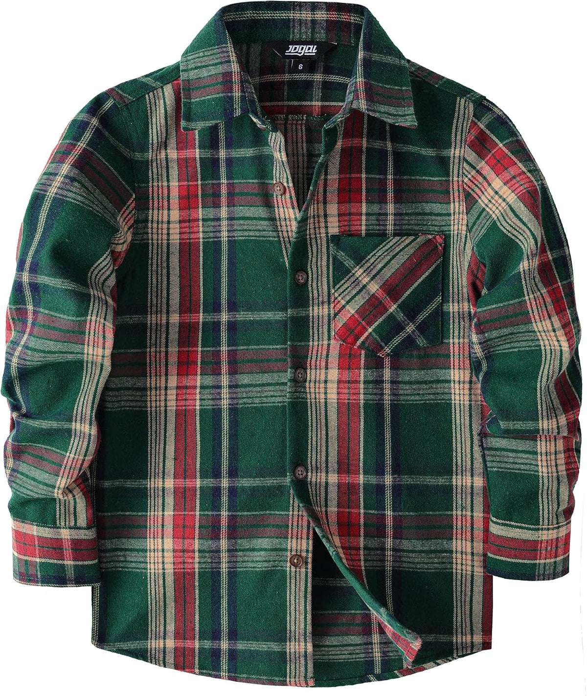 JOGAL Boys' Plaid Flannel Long-Sleeve Shirt - Dark Green Red - front