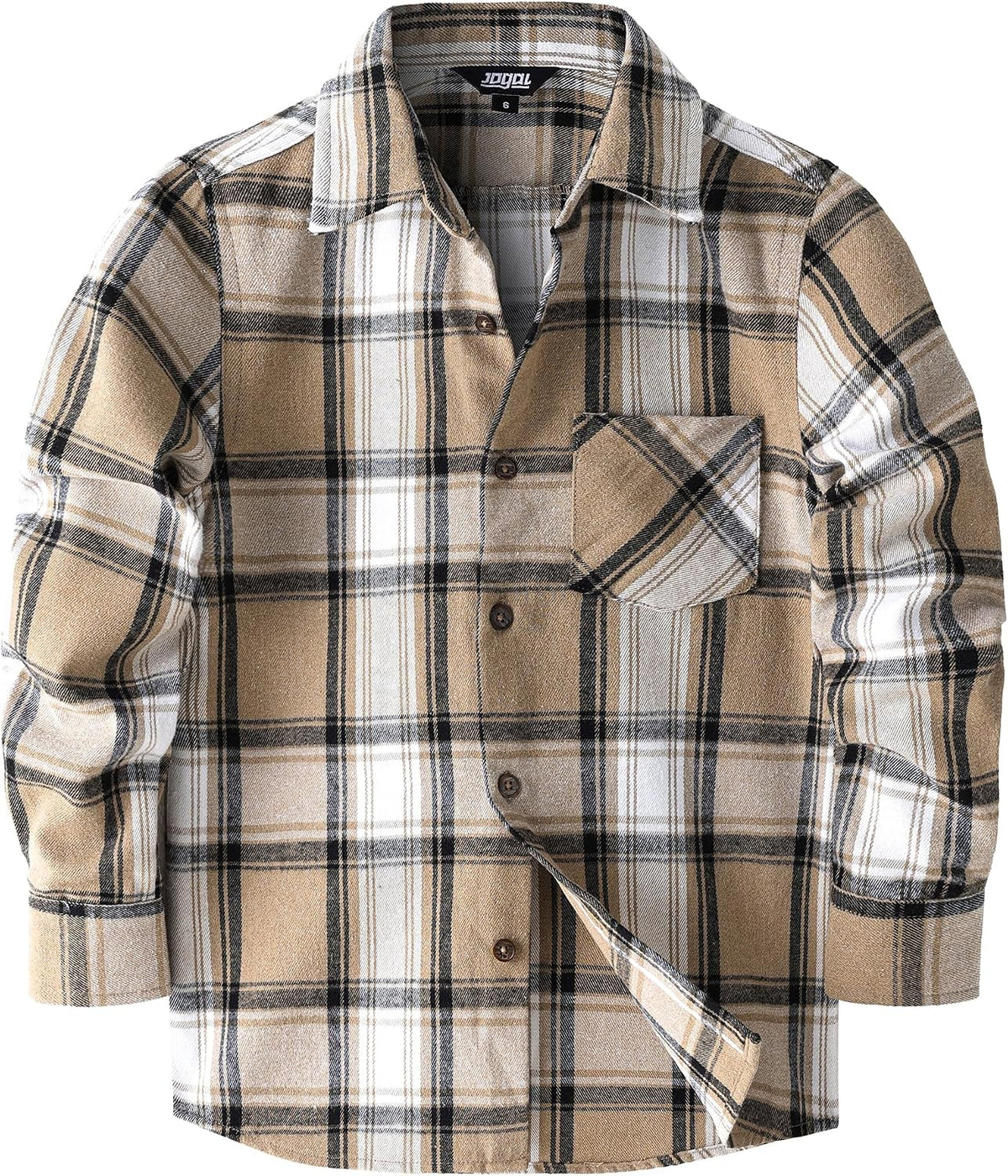 JOGAL Boys' Plaid Flannel Long-Sleeve Shirt - Khaki White - front