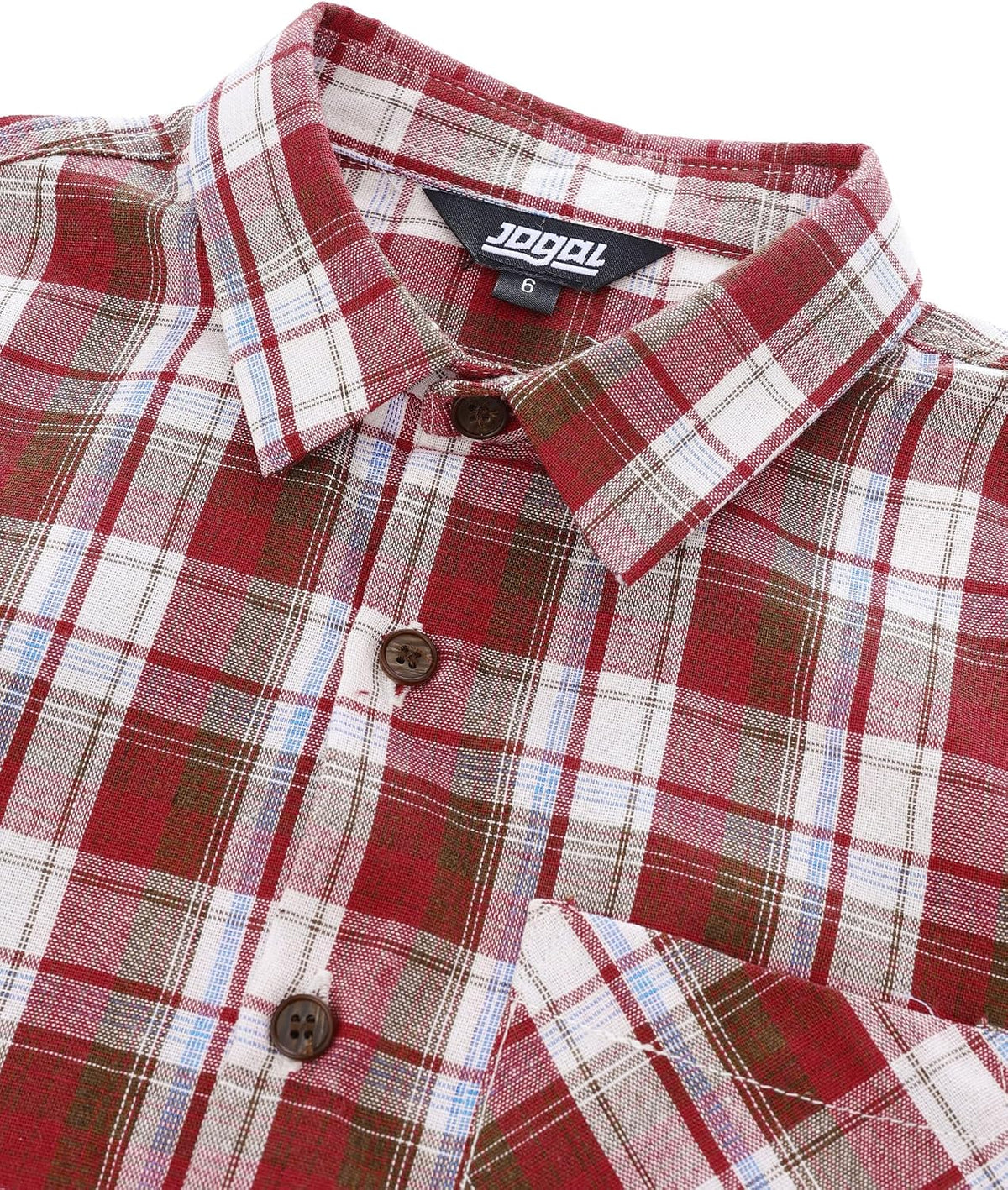 JOGAL C553 Boys' Cotton-Blend Plaid Long-Sleeve Shirt - Red - collar and placket detail