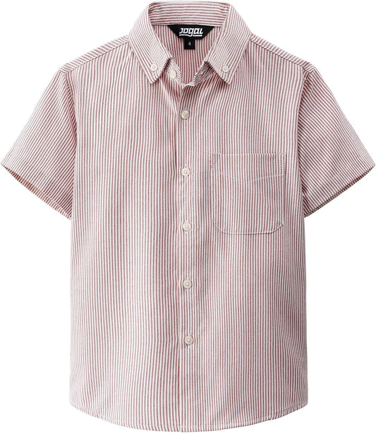 JOGAL C560 boys' Striped Oxford Short-Sleeve Button-Down Shirt in Earth Yellow, front view