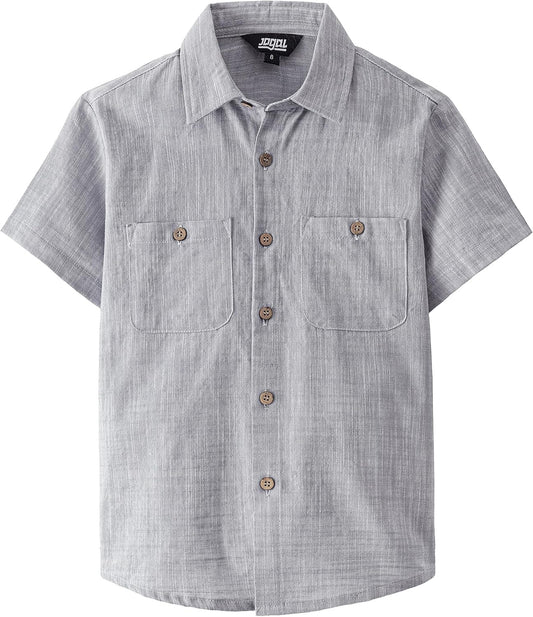 JOGAL Boys' Cotton Chambray Short-Sleeve Shirt - Gray - front