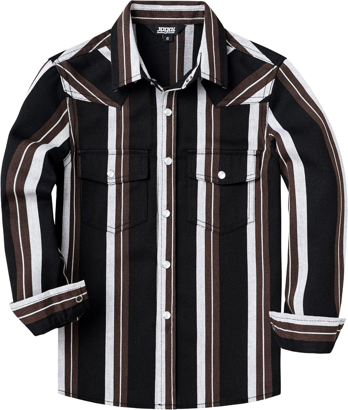 JOGAL C575 boys' Long-Sleeve Striped Western Pearl Snap Shirt in Black Brown Beige, front view