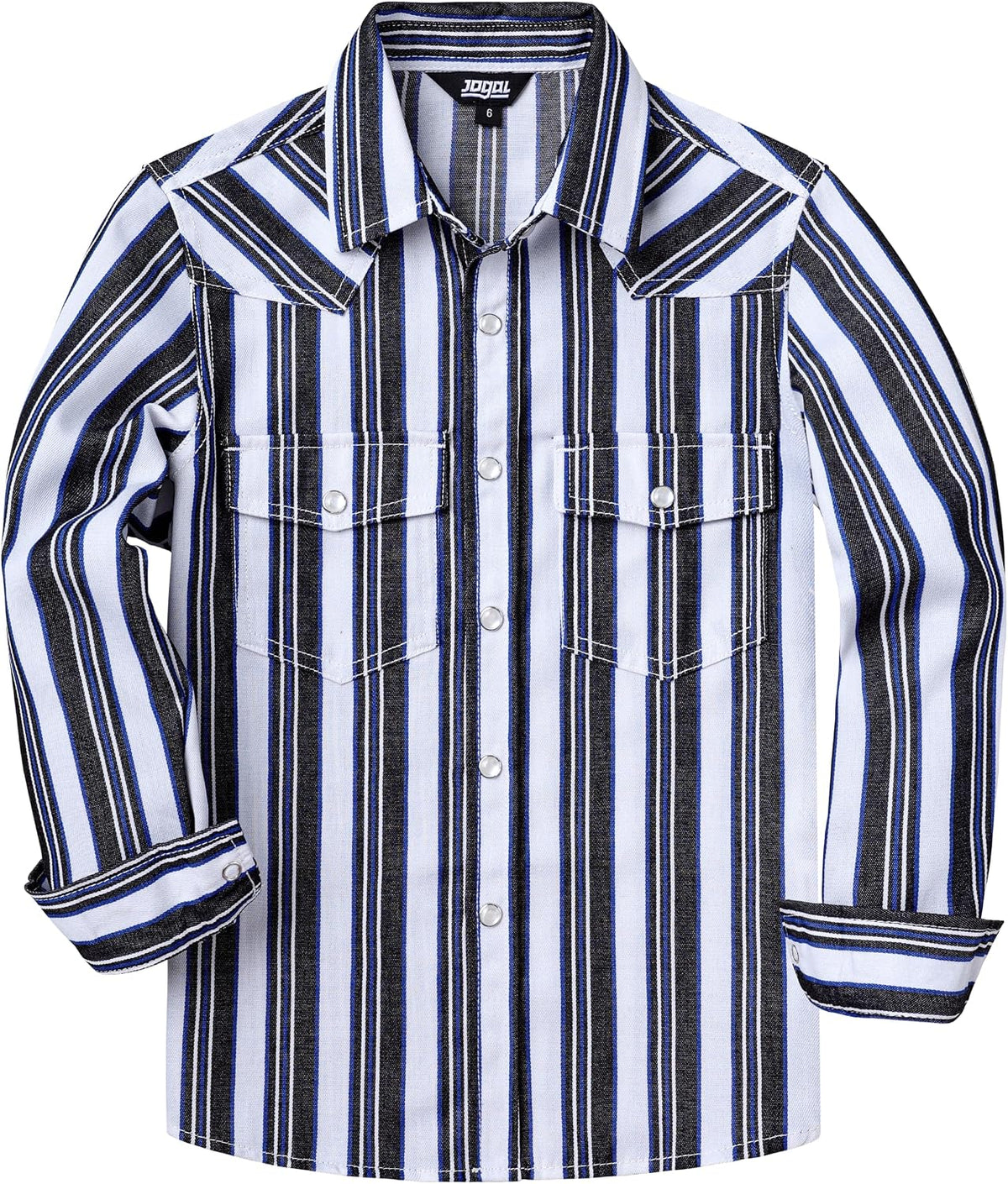 JOGAL C575 boys' Long-Sleeve Striped Western Pearl Snap Shirt in Black White, front view