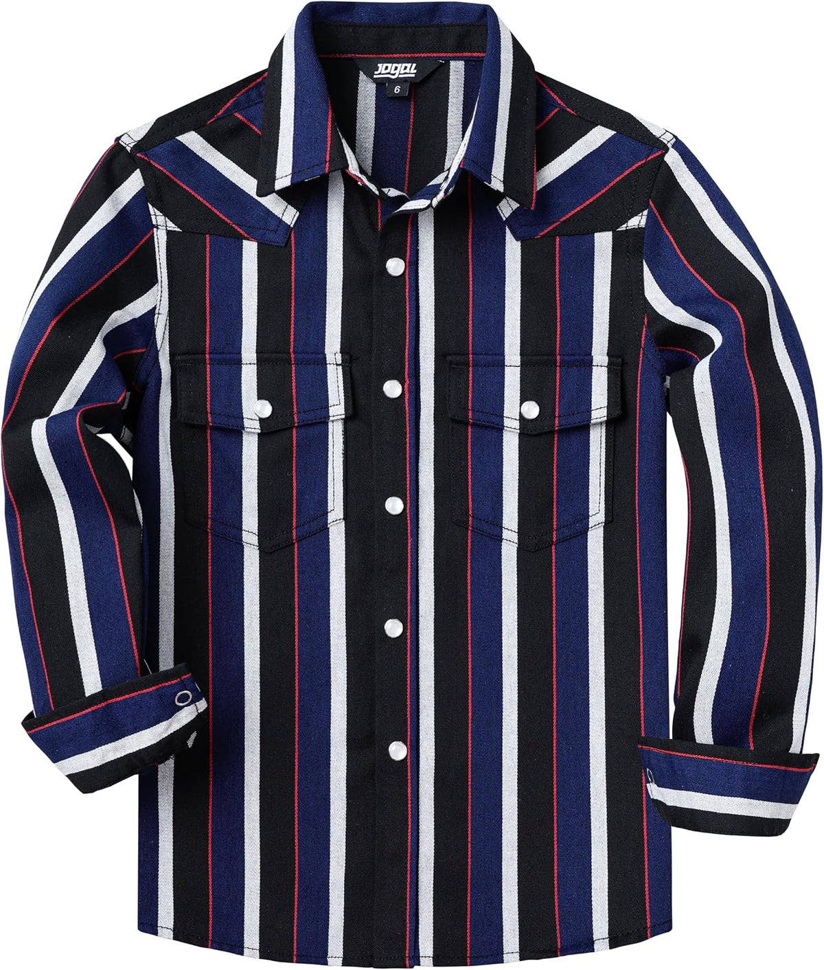 JOGAL C575 boys' Long-Sleeve Striped Western Pearl Snap Shirt in Blue Black, front view
