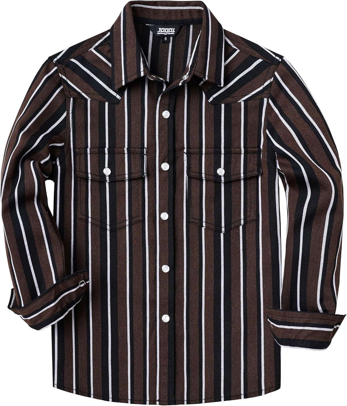 JOGAL C575 boys' Long-Sleeve Striped Western Pearl Snap Shirt in Brown Black, front view