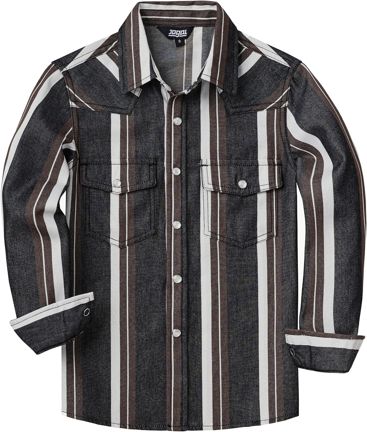 JOGAL C575 boys' Long-Sleeve Striped Western Pearl Snap Shirt in Denim Brown Black, front view