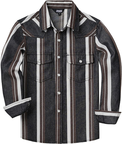 JOGAL C575 boys' Long-Sleeve Striped Western Pearl Snap Shirt in Denim Brown Black, front view