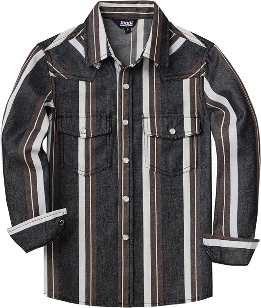 JOGAL C575 boys' Long-Sleeve Striped Western Pearl Snap Shirt in Denim Brown Black, front view