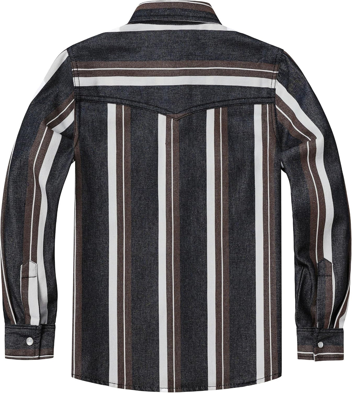 JOGAL C575 boys' Long-Sleeve Striped Western Pearl Snap Shirt in Denim Brown Black, back view